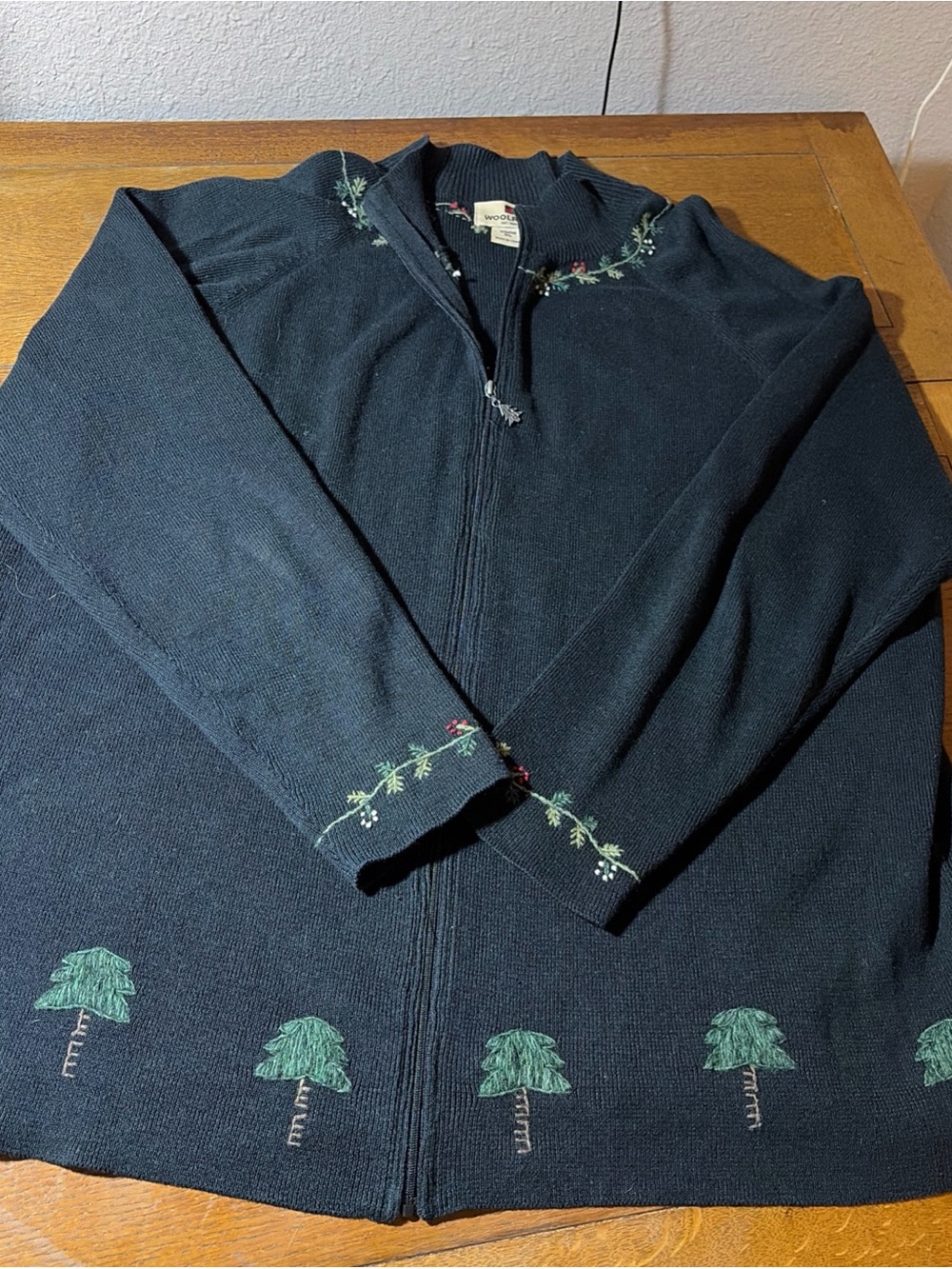Woolrich Sweater Womens 2XL Black Cardigan Zip Up Embroidered Mock Neck Knit